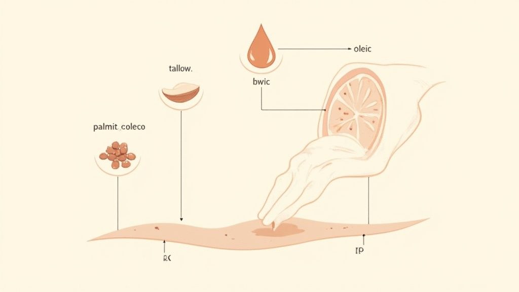 An illustration showing palmit_coleco, tallow, bwic, and oleic ingredients being applied to skin by a hand.
