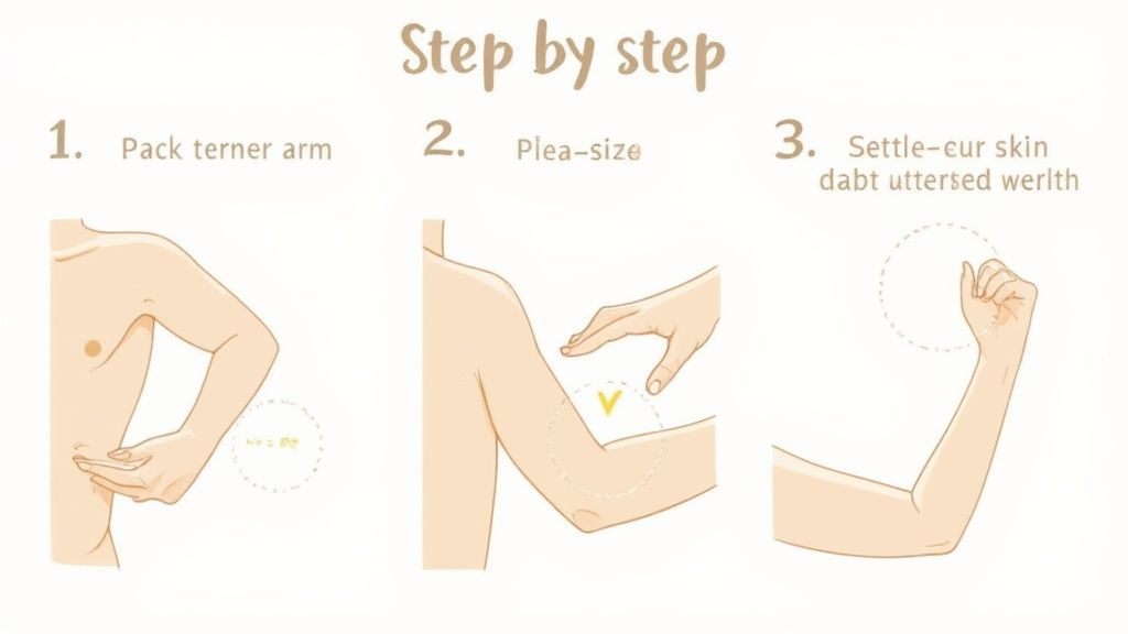 A step-by-step guide illustrating arm treatment or exercise with three sequential diagrams.