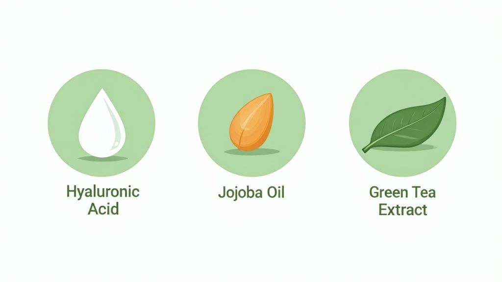 A collection of natural skincare ingredients like jojoba oil, squalane, green tea leaves, and vitamin C sources arranged beautifully around a jar of cream.