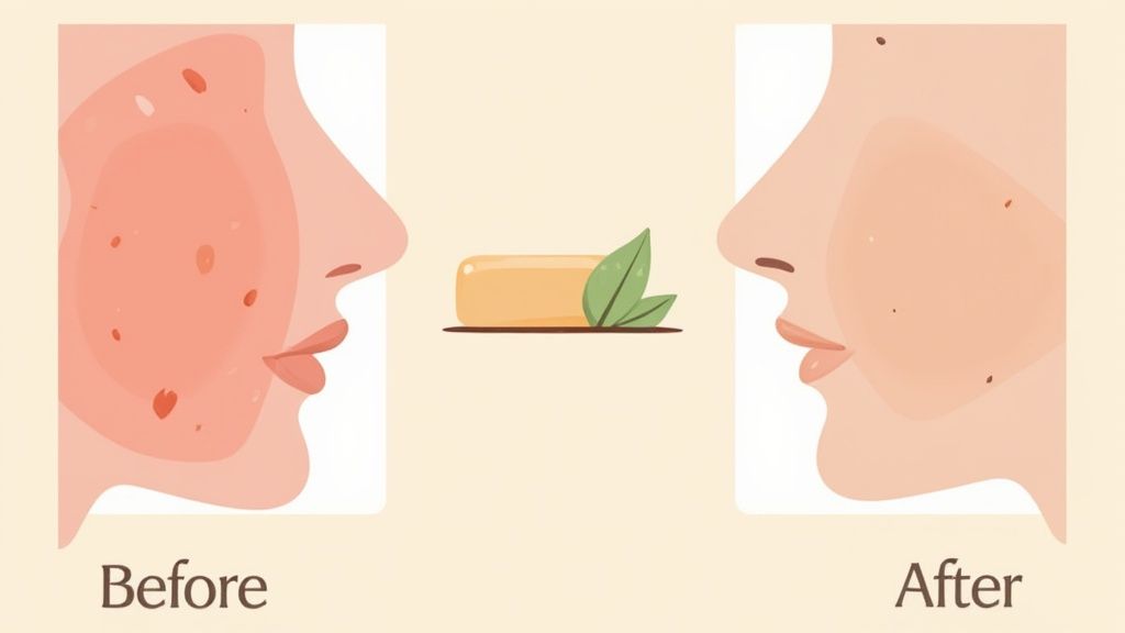 Illustration showing skin before and after using natural soap, with reduced redness and blemishes.
