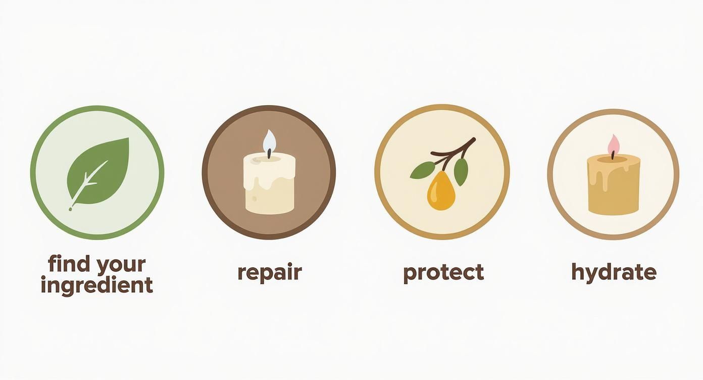 An infographic showing a decision tree for natural ingredients. The start is a leaf icon. It branches into Repair (tallow), Protect (olive oil), and Hydrate (beeswax).