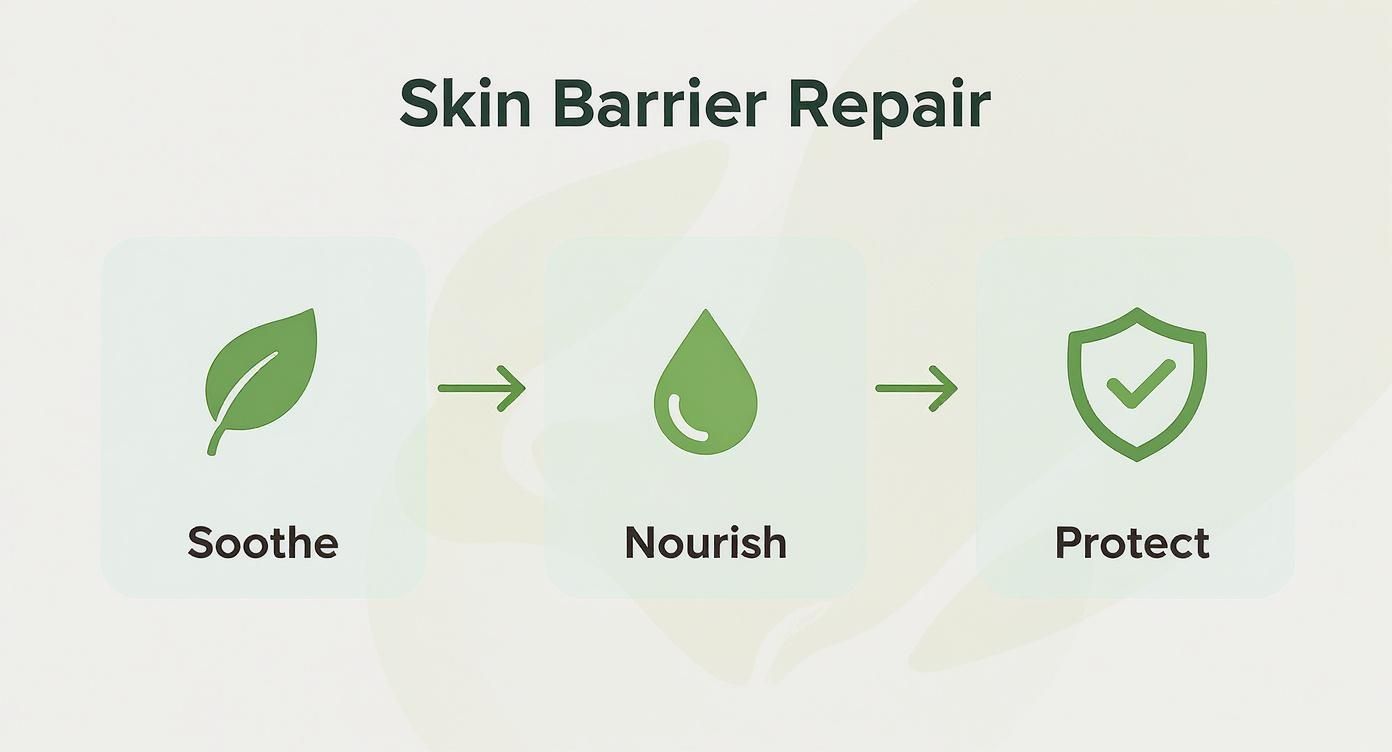 A diagram illustrating skin barrier repair, showing a three-step process: Soothe, Nourish, and Protect with green icons.