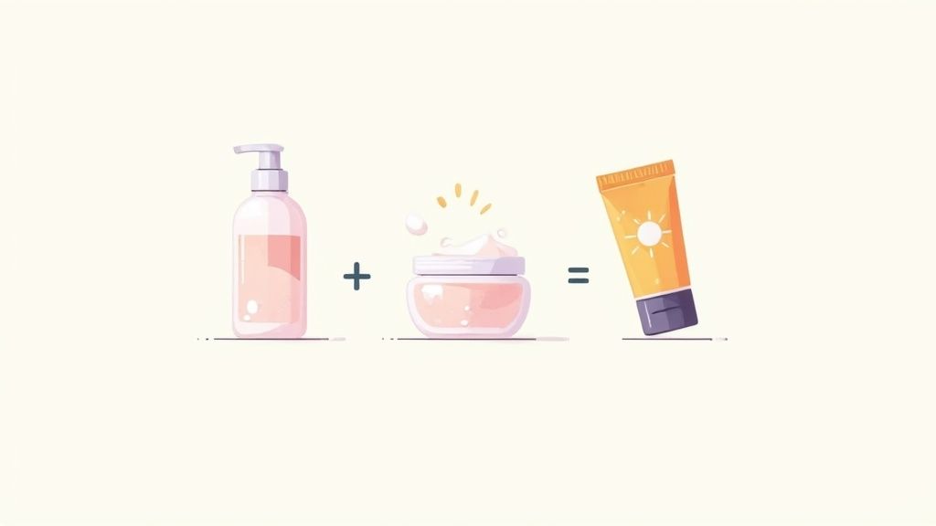 A minimalist skincare setup on a clean background, showing a gentle cleanser, a nourishing moisturizer, and a bottle of sunscreen.