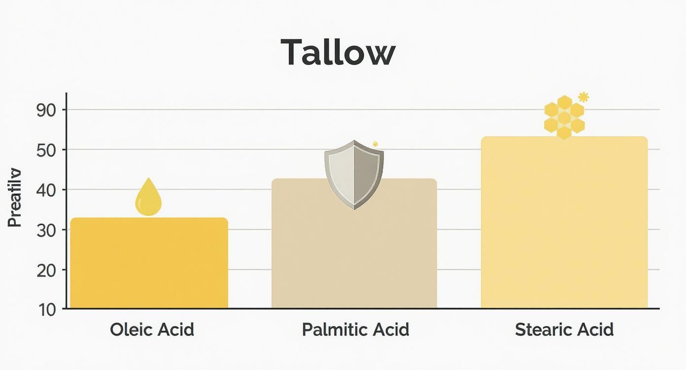 Bar chart showing fatty acid composition in tallow with oleic, palmitic, and stearic acid levels