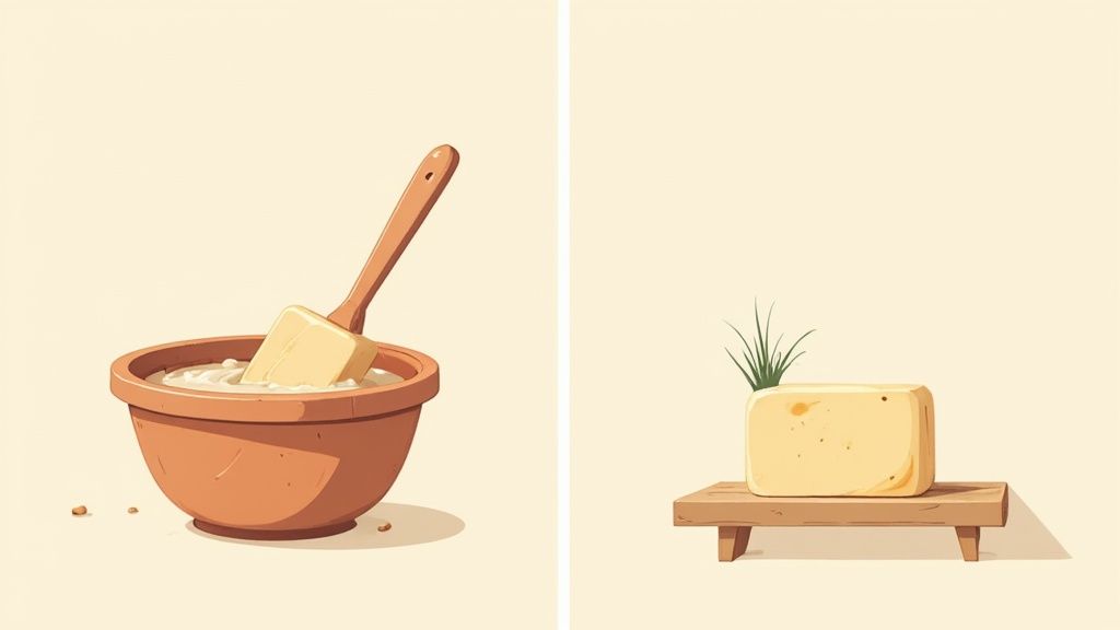 A rustic bar of tallow soap resting on a wooden surface, surrounded by natural elements.