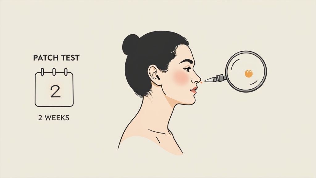 Illustration of a woman undergoing a skin patch test on her nose, magnified, with a calendar showing 2 weeks.