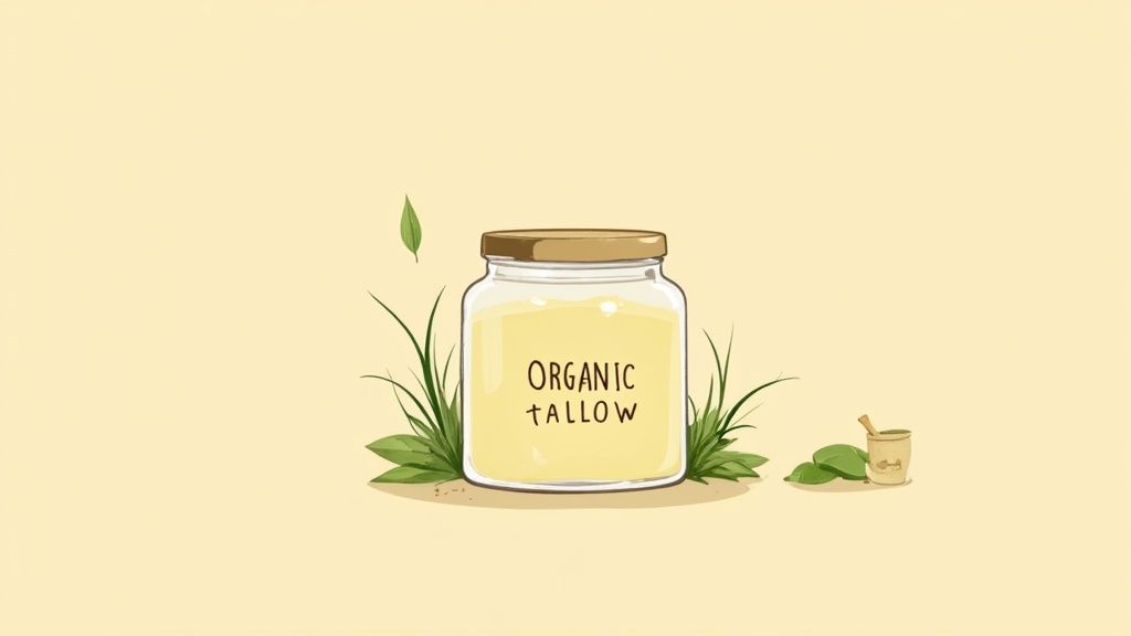 A jar of organic tallow sits among green leaves and grass, with a small pot beside it.