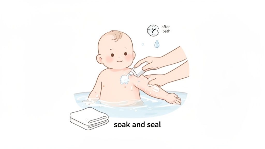Illustration of an adult applying moisturizer to a happy baby's arm after a bath, demonstrating a 'soak and seal' routine for skin care.