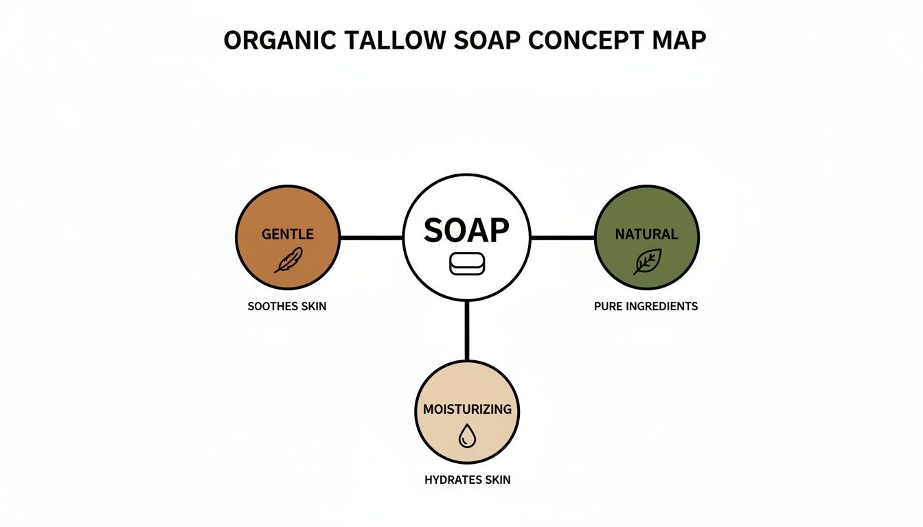 A concept map showing the benefits of organic tallow soap: gentle, natural, and moisturizing.