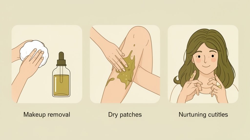 Three illustrations show various uses of oil for beauty: makeup removal, treating dry patches, and cuticle care.