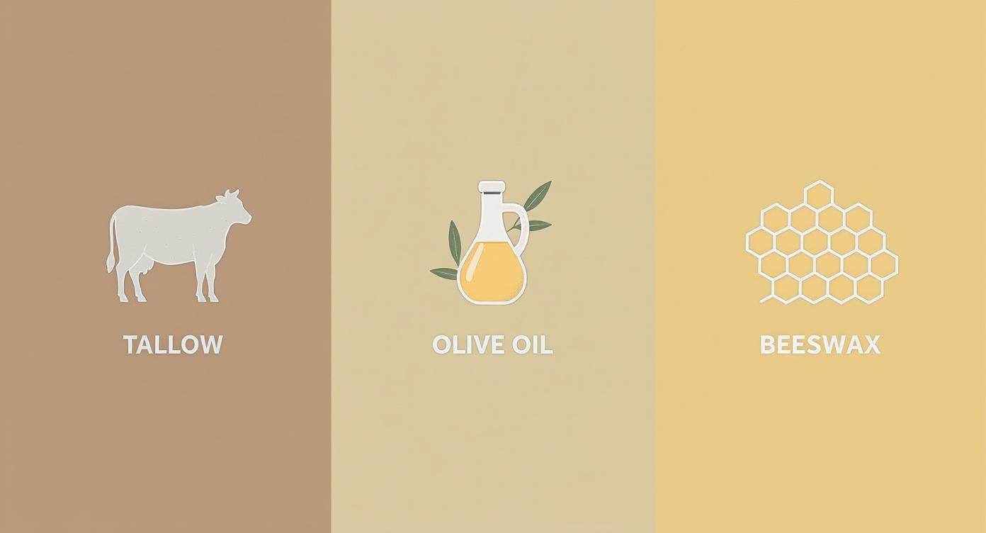 Three illustrations showing natural ingredients: tallow from a cow, olive oil in a carafe, and beeswax honeycomb.