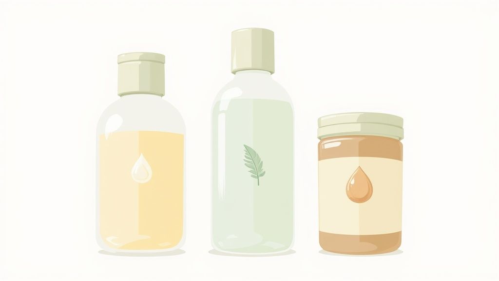 Three minimalist bottles and a jar of natural skincare products with plant-based ingredients.