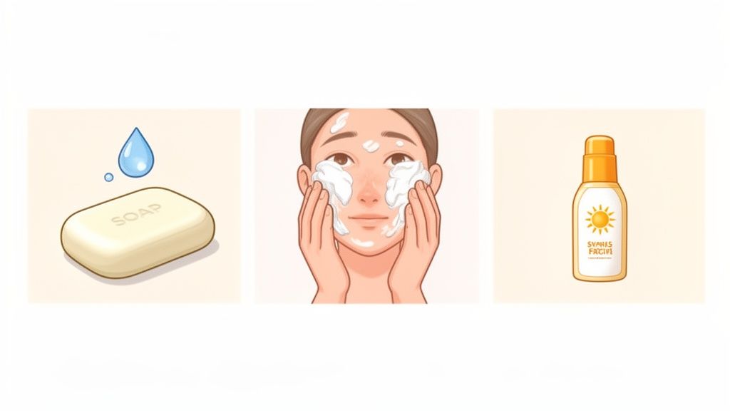 Illustration of a simple skincare routine with soap, face cleansing, and sunscreen application.