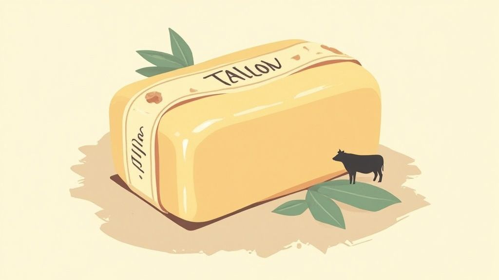 An illustration of a light yellow block of tallow labeled 'TALLON', with a small cow and green leaves.