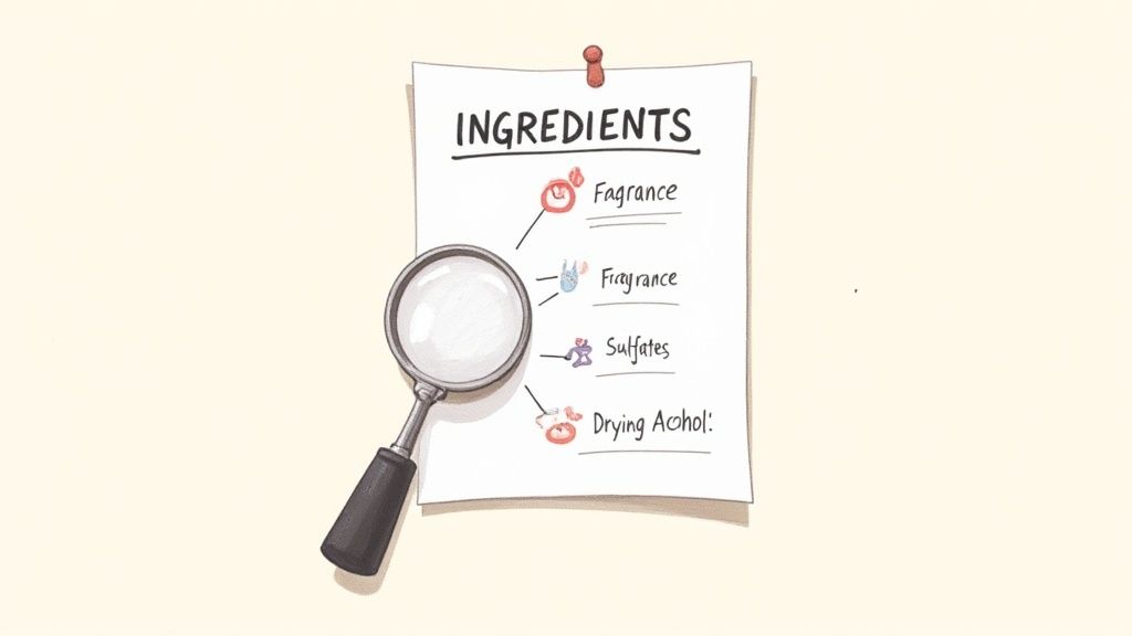 Person carefully reading the ingredient label on a skincare product