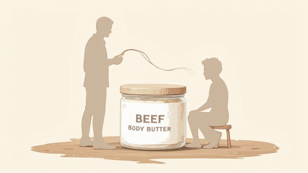 Woman applying beef tallow body butter to her arm in a well-lit bathroom setting