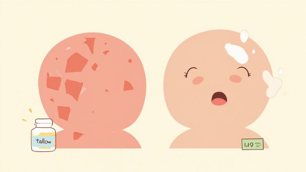 Cartoon showing dry, flaky skin on the left, transforming to smooth, happy skin on the right with tallow use.