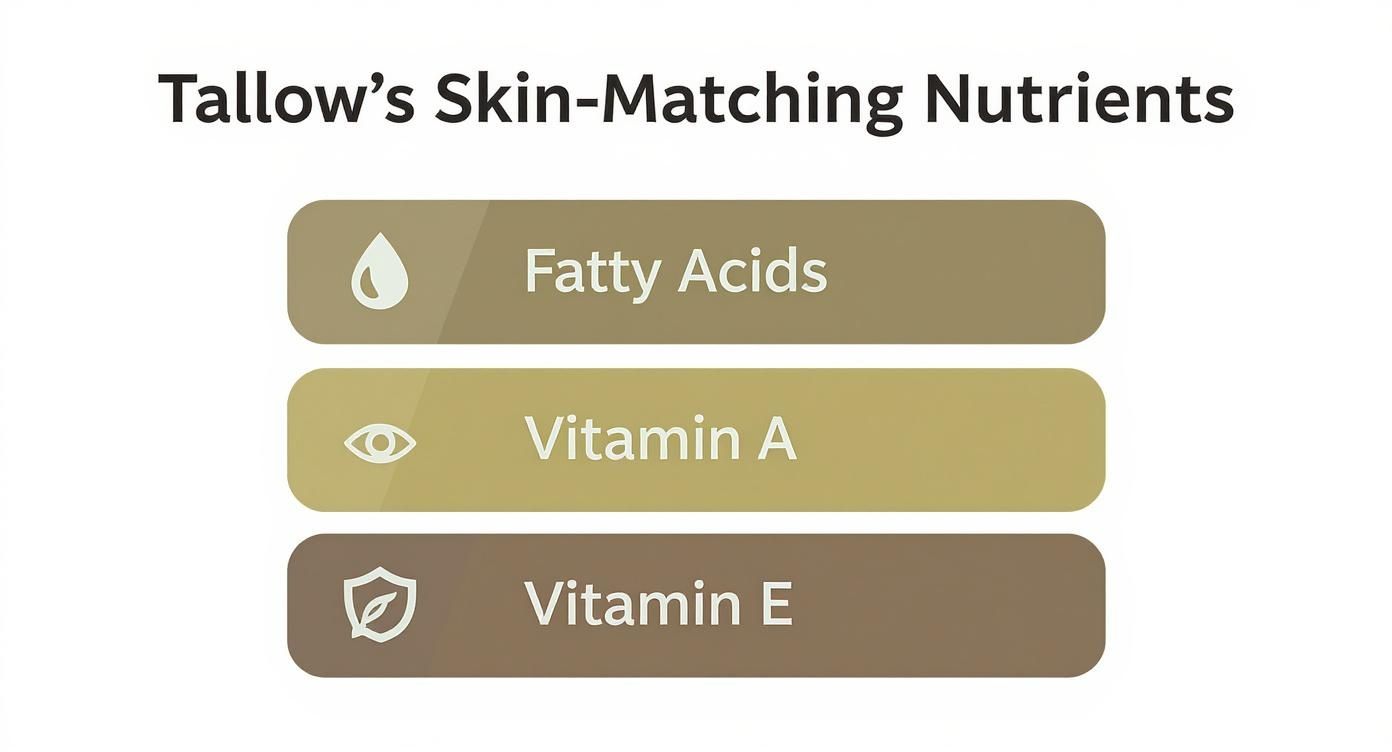 A graphic listing Tallow's Skin-Matching Nutrients, including Fatty Acids, Vitamin A, and Vitamin E.