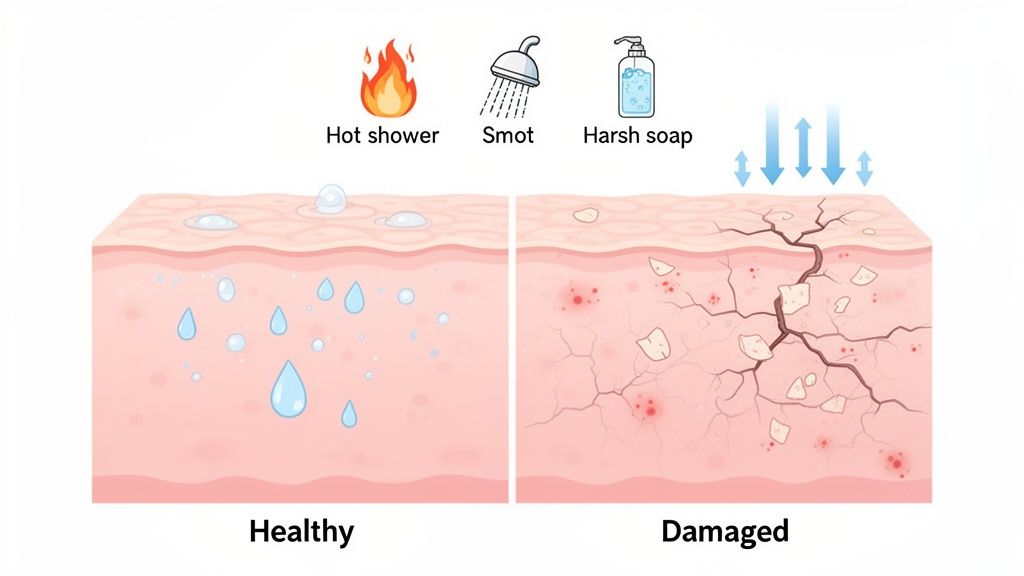 Comparison of healthy, hydrated skin versus damaged, dry skin conditions caused by hot showers and harsh soap.
