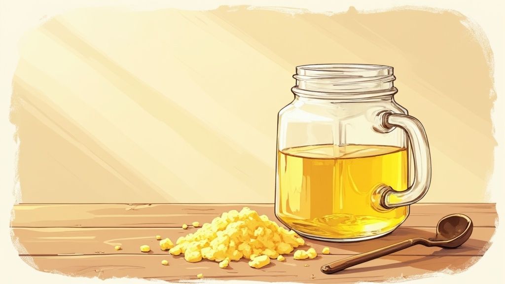 An illustration showing a glass jar of yellow oil, a pile of solidified fat, and a wooden spoon on a wooden table.