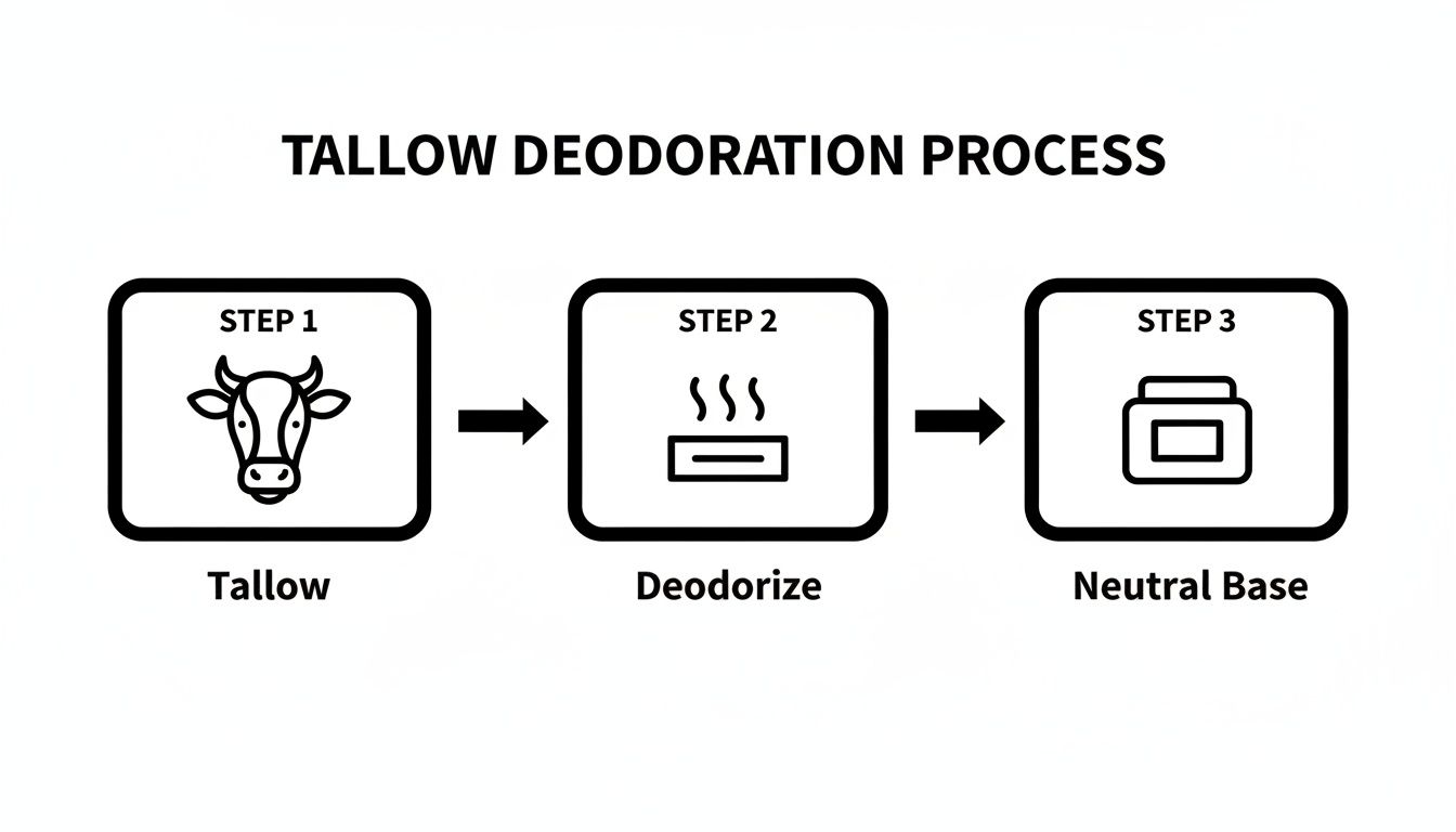 Diagram illustrating the three-step tallow deodoration process: from raw tallow to a neutral base.