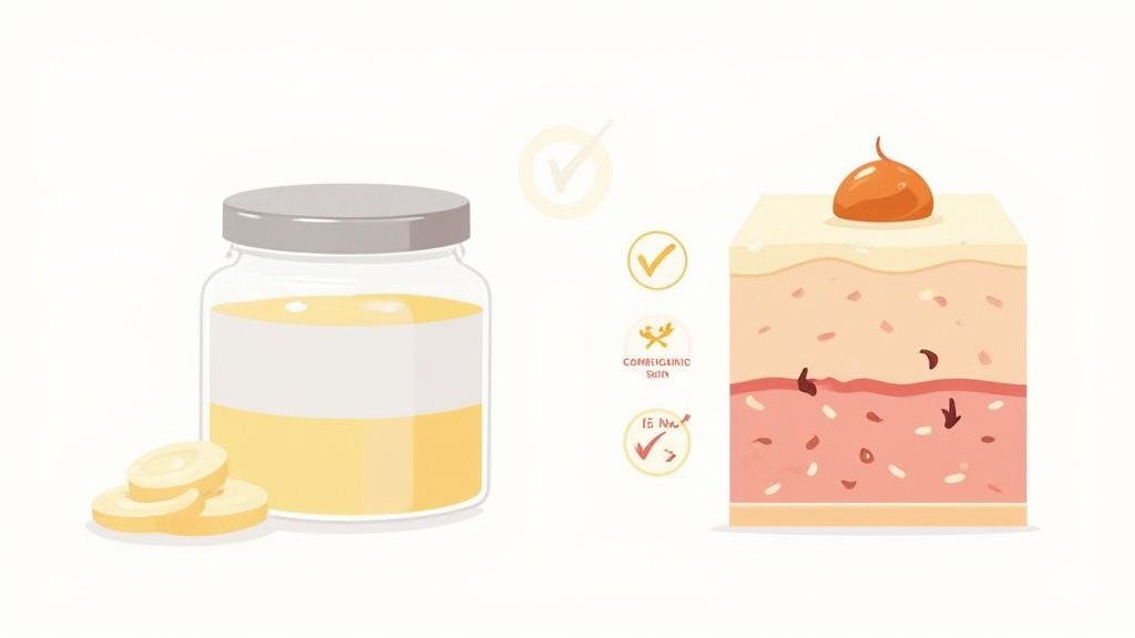 Illustration of a jar with yellow substance, possibly deodorized beef tallow, and a diagram showing skin layers and benefits.