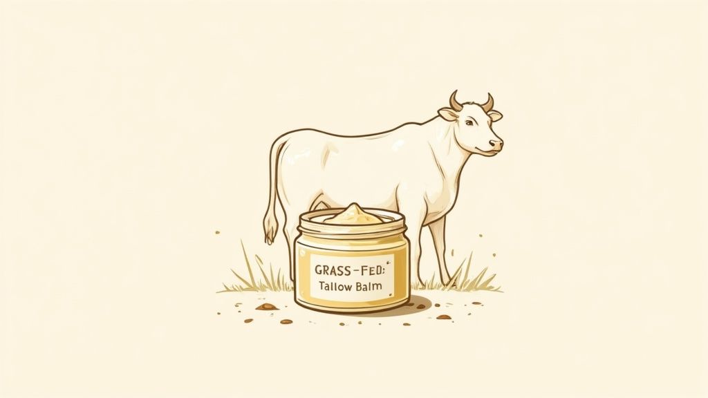 A close-up of a jar of creamy white tallow balm surrounded by by natural ingredients.