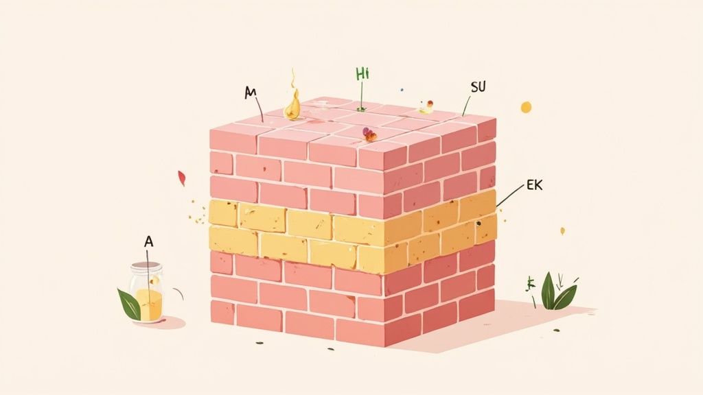 A diagram resembling layered skin, depicted as brick-like blocks with annotations, a yellow central layer, and a jar.