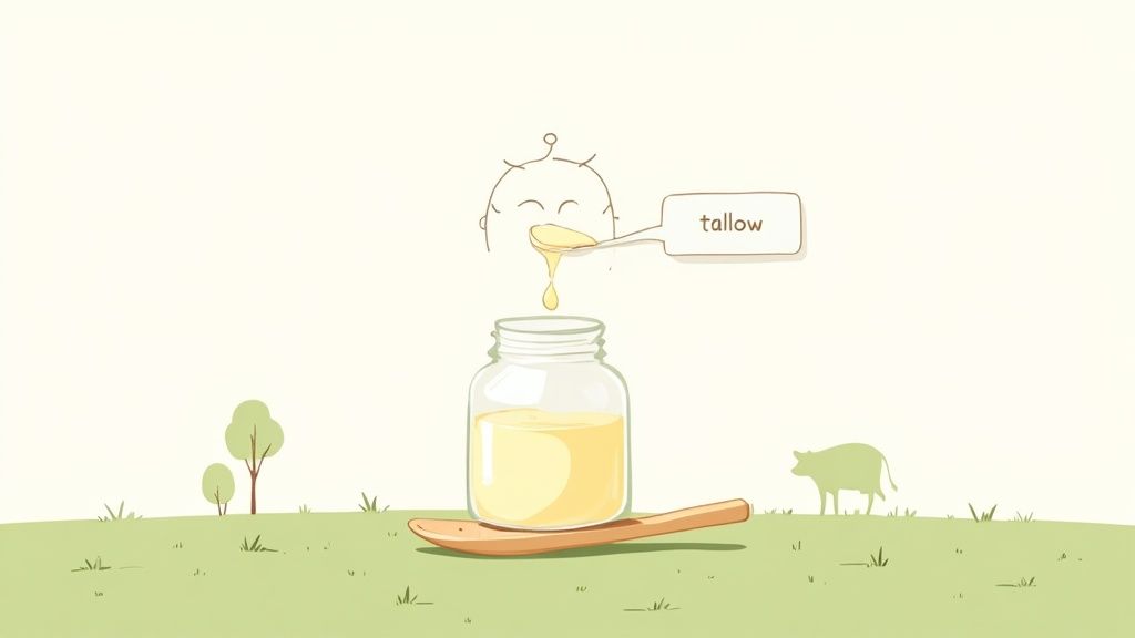 An illustration of a happy cartoon character being fed tallow from a spoon, with a jar and a cow in a field.
