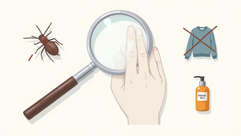 Magnifying glass over a brown insect, a crossed-out sweater, and a 'Fireweed Heal' lotion.