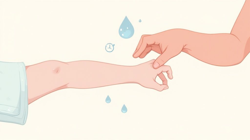 A hand gently pinching the skin on an arm's wrist, surrounded by water droplets and a clock icon.