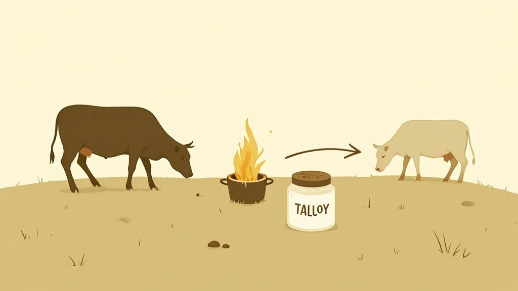 Woman holding a small jar of beef tallow body butter with green fields in the background