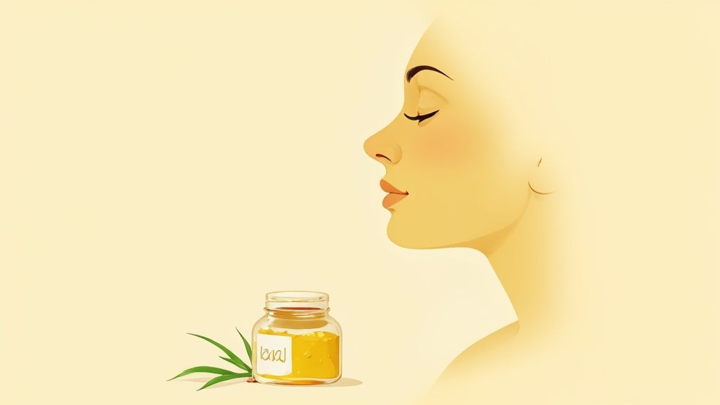 Woman applying cream to her cheekbone, symbolizing natural skincare for sensitive conditions like eczema.