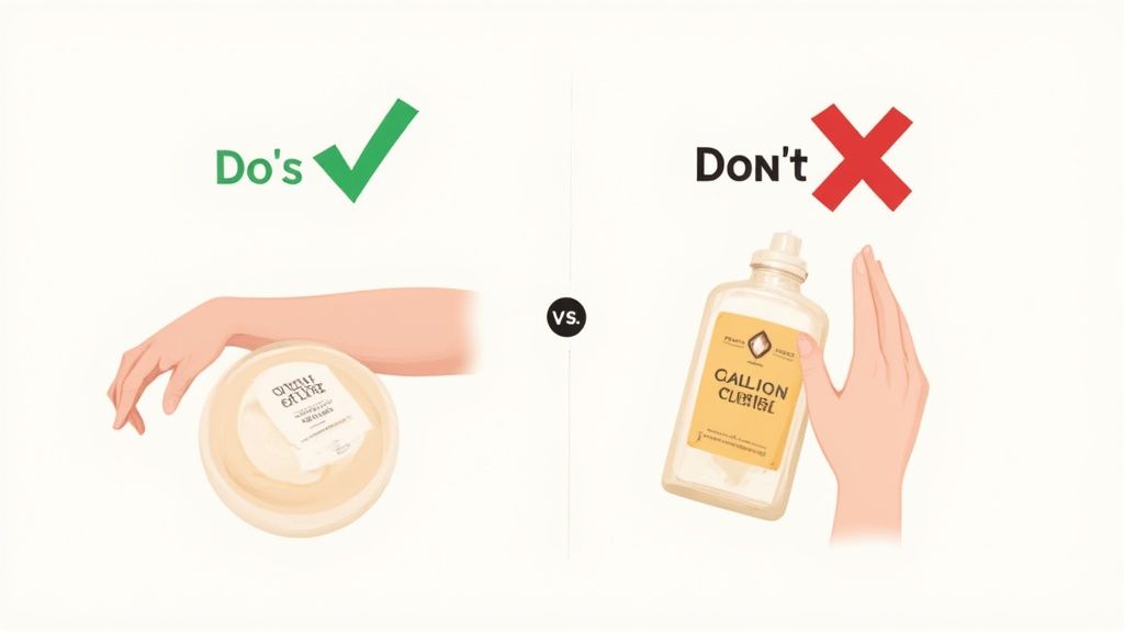 Image illustrates the proper way to apply cream from a jar and an incorrect liquid application.
