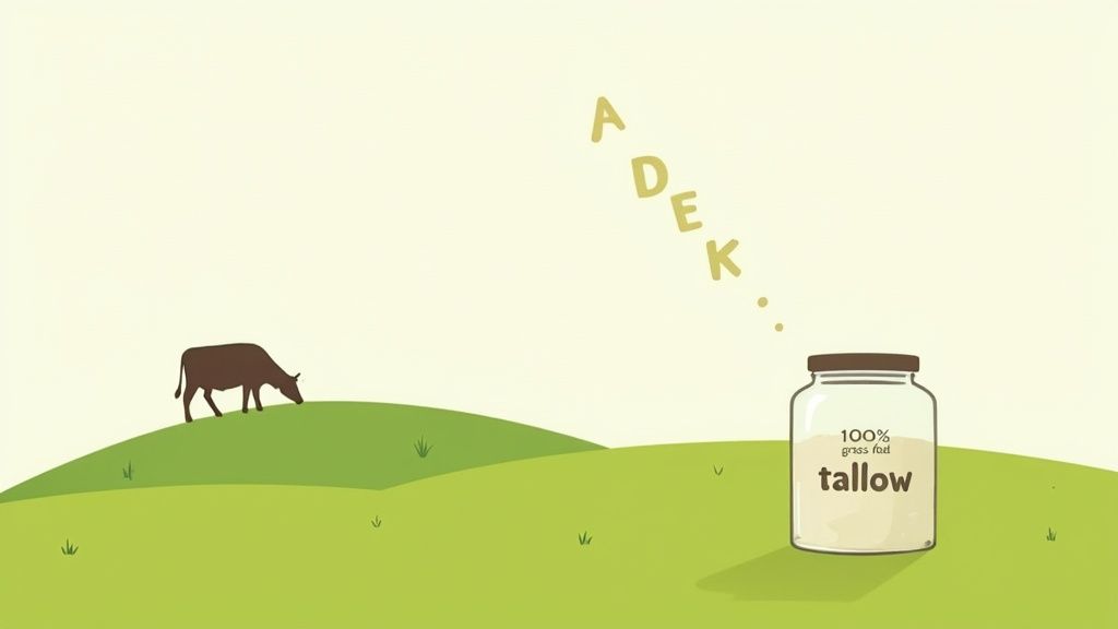 A cow grazes on green hills, next to a jar of '100% grass fed tallow' with 'ADEK' floating above.