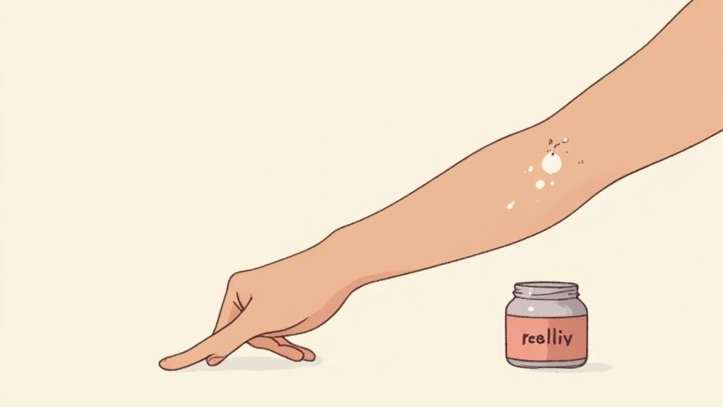 An arm with white lotion drops on the skin and a jar labeled 'reelliv' beside it.