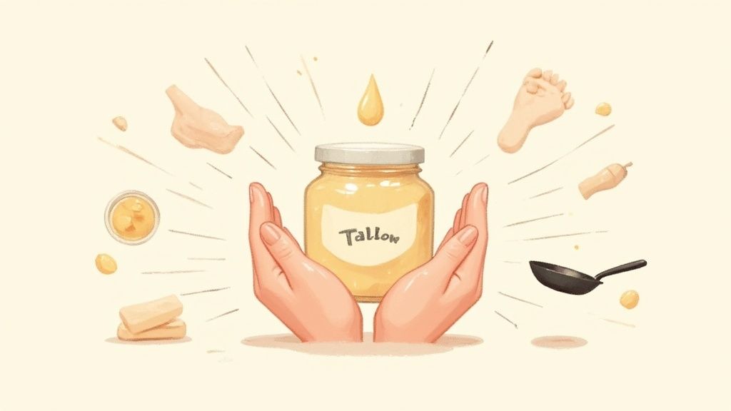 A person applying tallow balm to their hands from a jar