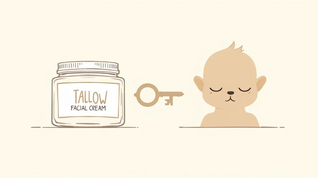 A person holding a jar of tallow facial cream with a creamy texture