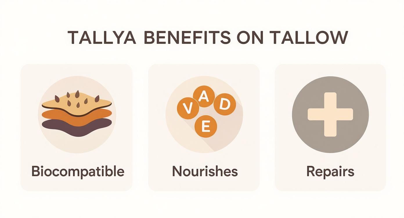 Infographic showing three benefits: Biocompatible, Nourishes (with vitamins V, A, D, E), and Repairs.