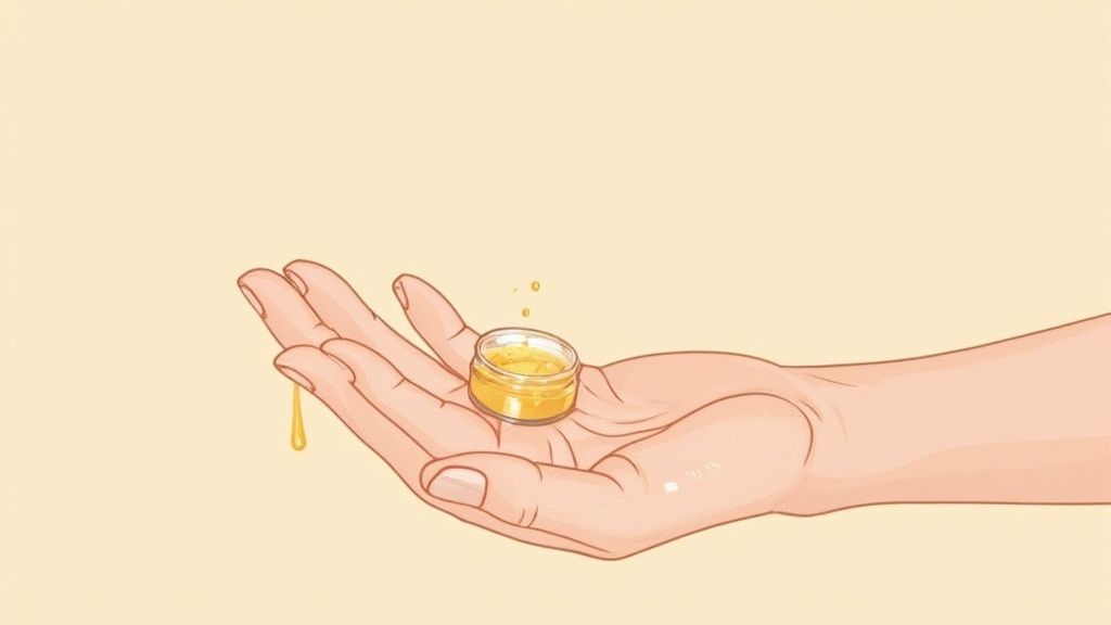 A person applying a small amount of tallow balm to their hands.