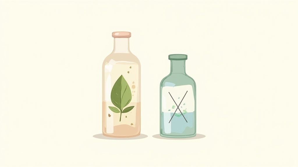 A woman applying a natural cream to her face, surrounded by green leaves.