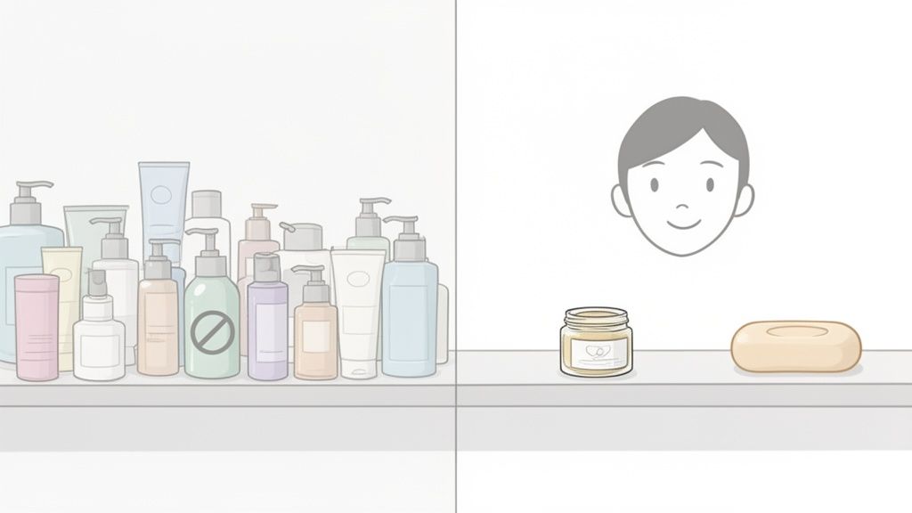 Illustration contrasting a complex skincare routine with numerous products versus a simple routine with only soap and cream.