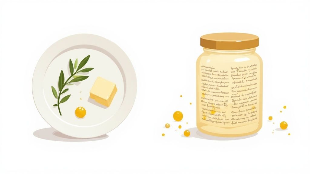 Minimalist illustration of ingredients on a white plate with a jar, featuring butter, a green sprig, and yellow drops.