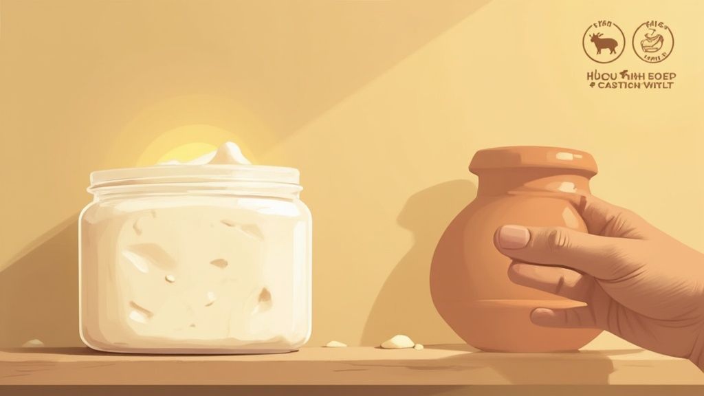 A jar of creamy white moisturizer under golden light, next to a hand holding a rustic pot.