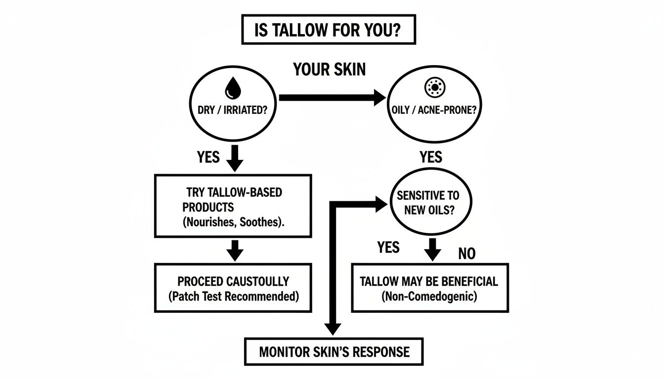 Flowchart guiding users on whether tallow is suitable for their skin, based on dryness or acne-proneness.