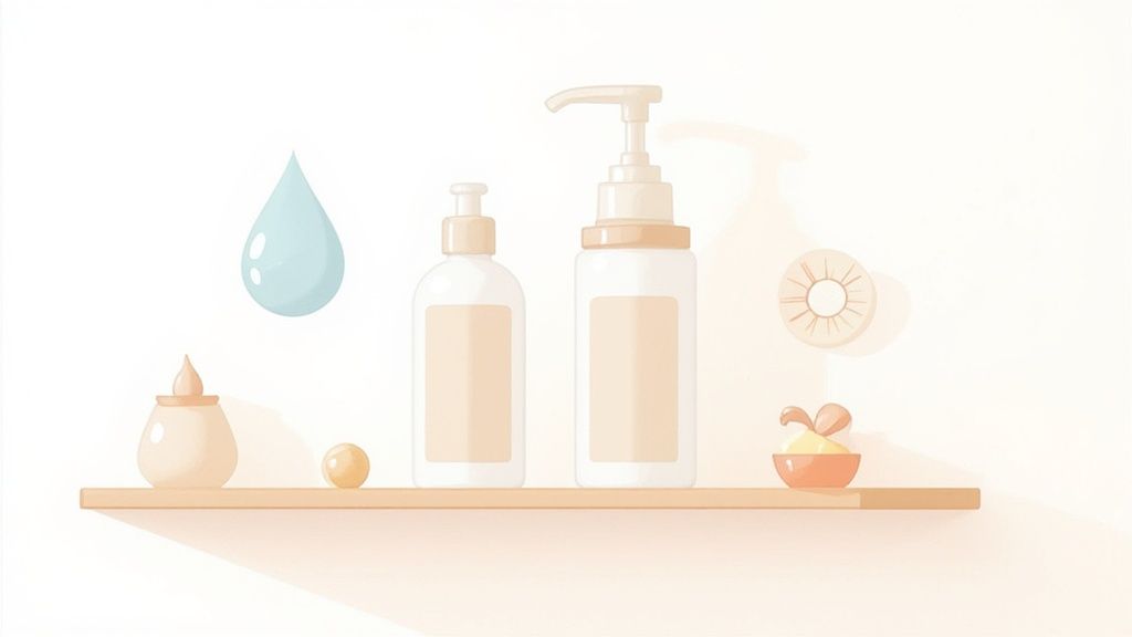 A pregnant woman smiling and holding a bottle of skincare product