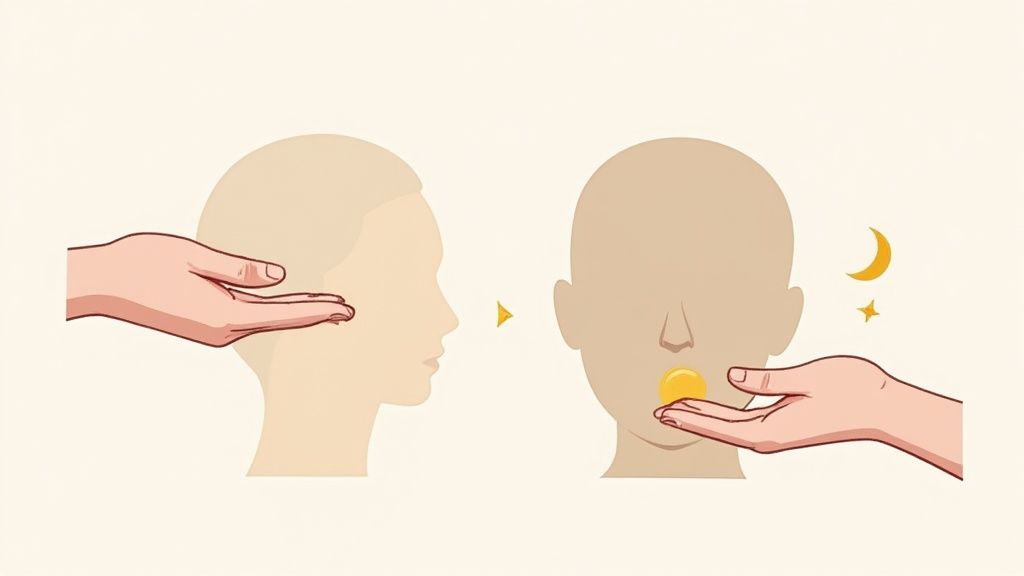 Visualizing a hand offering and then applying a yellow drop to a head at night.