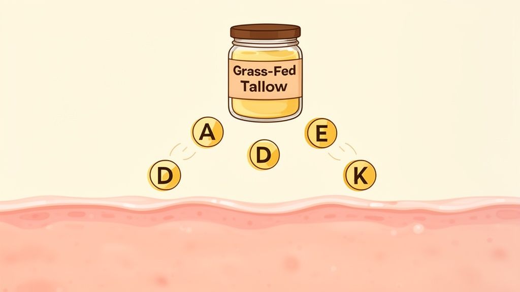 Illustration showing a jar of grass-fed tallow releasing vitamins A, D, E, K into the skin.
