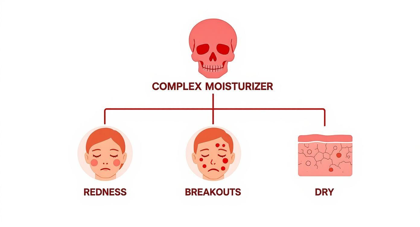 Diagram illustrating potential negative effects of complex moisturizers, showing a skull, followed by icons for redness, breakouts, and dry skin.