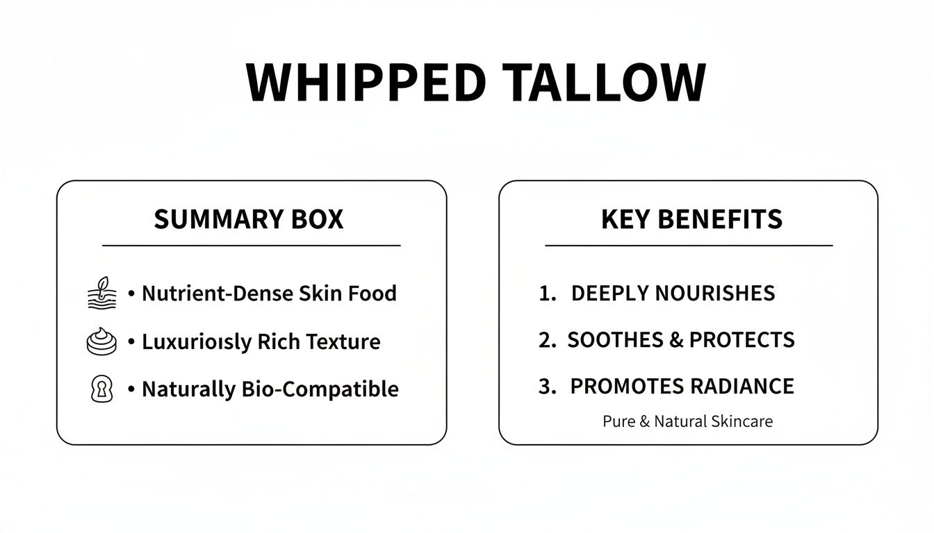 An infographic outlining the summary and key benefits of Whipped Tallow skincare product.